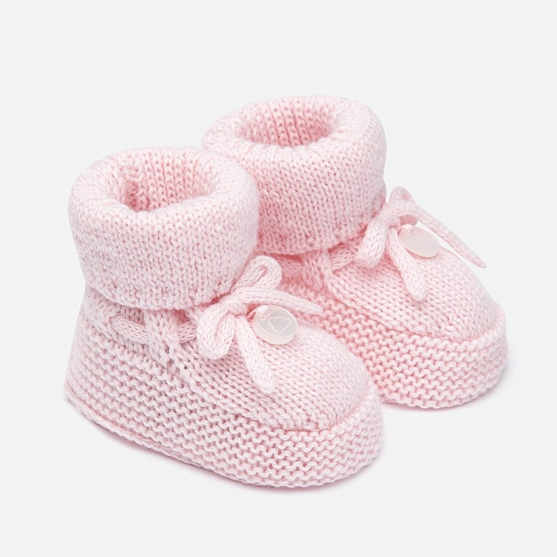 Delicate Knit Baby Booties, Made with Breathable Organic Cotton. Decorative Knit and Bow Detail. Gift Boxed