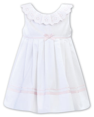 Girls Sleeveless Dress with Embroidered Detailed Collar, Ribbon and Bow Trim on Waist Ribbon Trim on Hemline