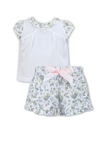 Beautiful Floral Shorts with Bow Waist Detail and Frill on Legs, Plain T-Shirt with Contasting Floral Peter Pan Collar and Sleeves.