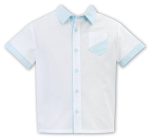 Boys Short Sleeved Shirt with Contrasting Trim on Sleeves, Pocket and Collar woth Matching 5 Pocket Shorts, Adjustable Waist