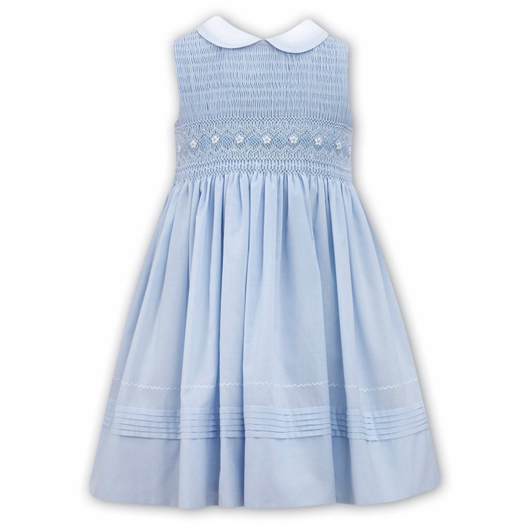 Girls Sleeveless Traditional Full Bodice Smocked Dress with Embroidered Detail on Collar and Waistline.