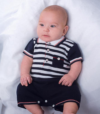 Baby Boys Cotton All in One, Polo Shirt Style Stripped Top with Chest Pocket and Contrasting Trim, Plain Short with Trim
