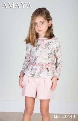 Girls Soft Floral Jumper with Delicate Cotton Lace and Bow Trim and Soft Plain Shorts with Front Pockets and Pleated Front