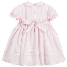 Girls Short Puffed Sleeved Dress, Smocking and Delicate Applique Embroidered on Chest, Hemline and Sleeve. Scollaped Trimmed Peter Pan Collar