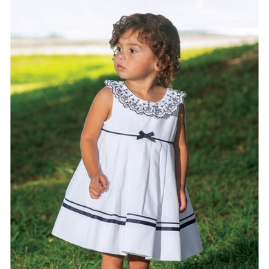 Girls Sleeveless Dress with Embroidered Detailed Collar, Ribbon and Bow Trim on Waist Ribbon Trim on Hemline