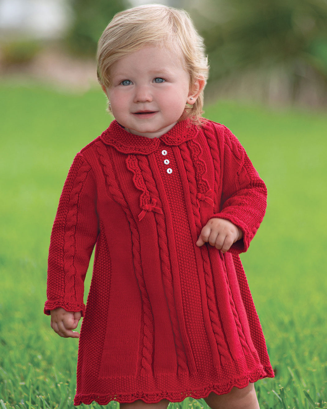 Girls Traditional Knitted Dress Cable Detail with Applique Bows, Scallop Detailed Hemline and Peter Pan Collar