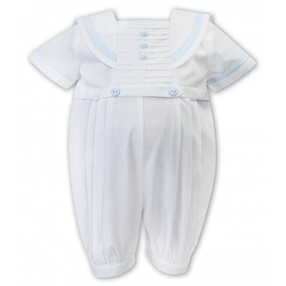 Baby Boys Short Sleeved Sailor Style Romper with Button and Detailed Trim, Pleated Front