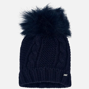 Girls Chunky Cable Knit Hat with Matching Single Faux Fur Pom