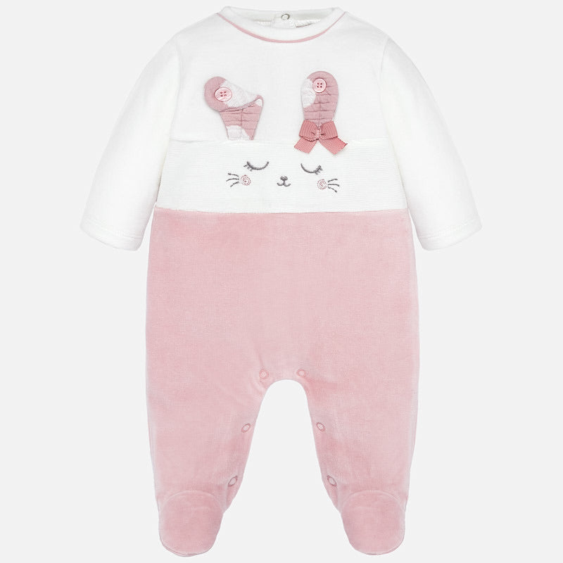 Baby Girls Soft Velour All in One Suit,  Round Neckline with Detailed Applique top and Contrasting Bottoms