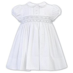Girls Short Sleeved Delecate Print Hand Smocking and Embroidery Detailed Dress with Trimmed Pater Pan Collar
