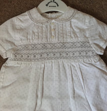 Baby Boys Hand Smocked, Embriodered and Button Detailed Short Sleeved Romper with Peter Pan Collar