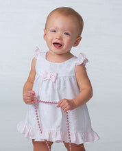 Girls Broiderie Anglaise Short Dress Complimented Trim on Hemline, Sleeves and Detailed Bow and Matching Pants