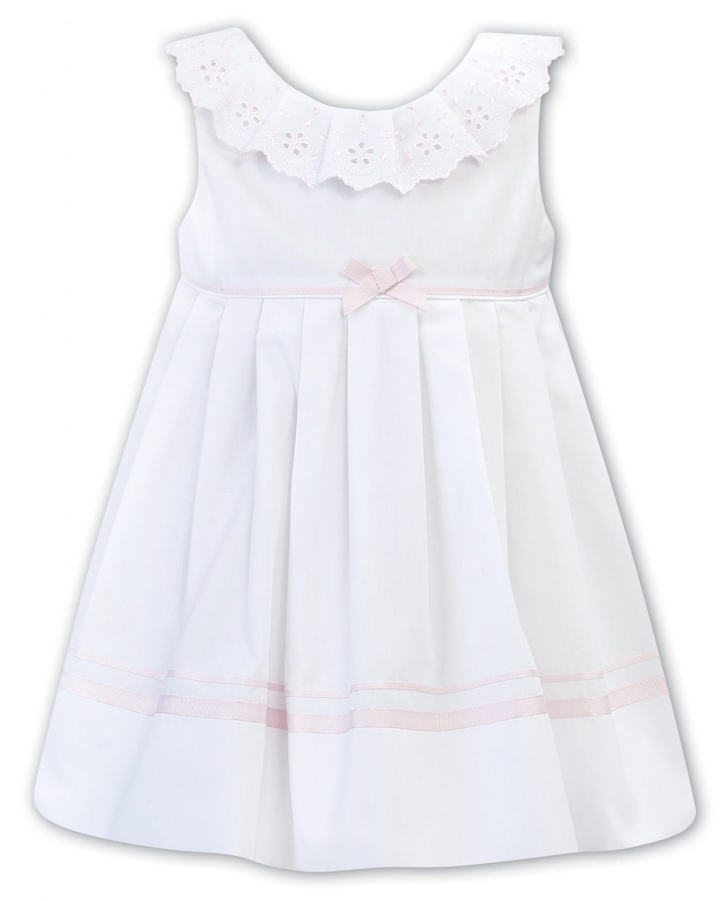 Girls Sleeveless Dress with Embroidered Detailed Frilled Collar, Ribbon and Bow Trim Detail on Waist and Hemline. V Back
