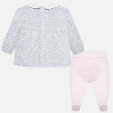 Baby Girls Set Long Sleeved Top with Contrasting Collar Applique Hearts and Bow Front Detail with Feet in Contrasting Bottoms
