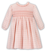 Girls Long Sleeved Dress in a Delicate Checked Fabric, Traditional Hand Smocked Embroidered Detail, Round Detailed Neckline