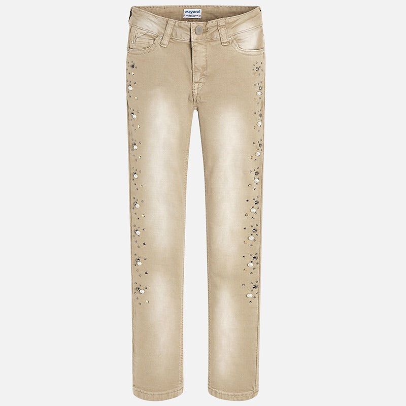 Girls Skinny Jeans with Studded and Pearl Detailed Front