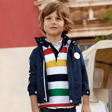 Boys Long Sleeved Polo Shirt with Block Colour Stripes in Cotton Fabric