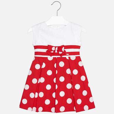 Girls Polka Dot Dress, Short Sleeves, Fitted to the Waist with Bow Applique and Soft Pleated Skirt. Back Zip Fastening