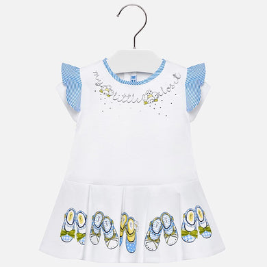 Girls Stretch Cotton Dress with Ruffled Detailed Short Sleeves, Fitted to Waist with Shoes Print on Flaired Skirt