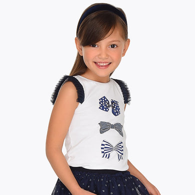 Girls Ruffled Sleeveless Detailed T-Shirt with Applique Glittery Detailed Designed Bows on Front