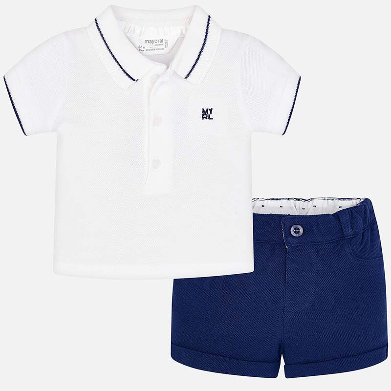 Boys Short Sleeved Polo Shirt with Contrasting Trim and Logo, Adjustable Waist Shorts with Turn ups