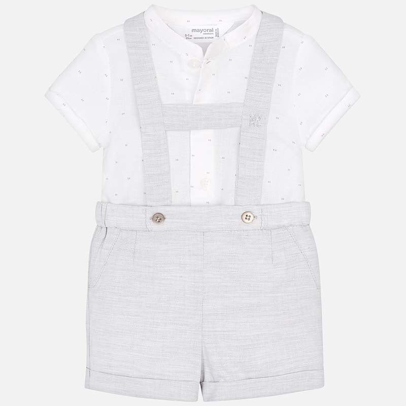 Baby Boys Shorts with Detatchable Braces and Back Pockets, Mandarin Collar Short Sleeved Shirt with Delicate Print
