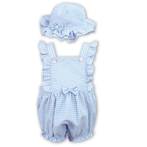 Adorable Girls Bubble Romper with Matching Hat, Gingham Fabric with Matching Frills and Bow Detail on Bib and Hat.