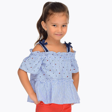 Girls Off the Shoulder, Barbot Neckline Looose Fitting Blouse, Striped Fabric with Tiny Print Detail. Ruffled Bottom. Perfect with 2313 Shorts