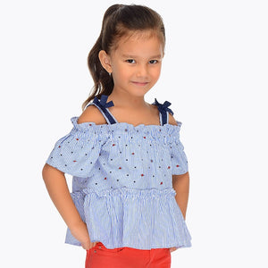 Girls Off the Shoulder, Barbot Neckline Looose Fitting Blouse, Striped Fabric with Tiny Print Detail. Ruffled Bottom. Perfect with 2313 Shorts