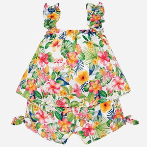Girls Tropical Floral Print, Ruffled, Strappy Short Sleeveless Playsuit with Short/Top Look, Tie Detail on Shorts