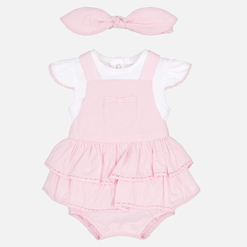 Baby Ruffled Skirt and Pants All in One Set with Short Sleeved T-Shirt Top with Contrasting Trim  and Matching Headband