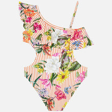Girls Stripe and Floral Detailed Swim Suit  Off The Shoulder Ruffle Asymmetric Neckline, Cut Out Sides, in Lycra Fabric