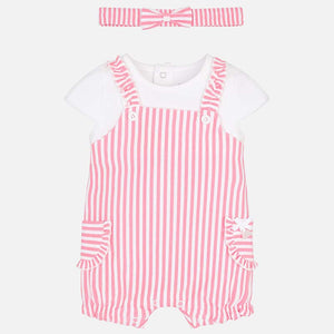 Baby Girls Candy Stripped Dungarees Set,  Short Sleeves and Round Neckline with Detailed Front Pockets and Headband