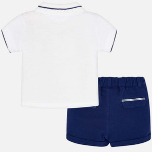 Boys Short Sleeved Polo Shirt with Contrasting Trim and Logo, Adjustable Waist Shorts with Turn ups
