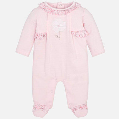 Baby Long Sleeved Romper/Sleepsuit in Soft Stretch Cotton, Ruffled Lace Detail Neckline. Gift boxed