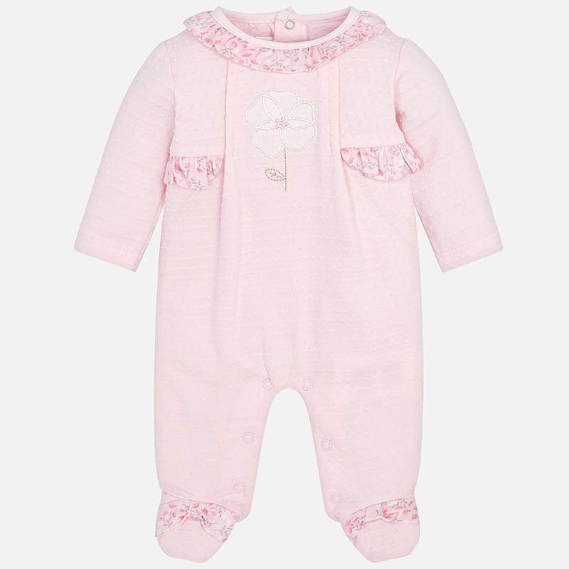 Baby Long Sleeved Romper/Sleepsuit in Soft Stretch Cotton, Ruffled Lace Detail Neckline. Gift boxed
